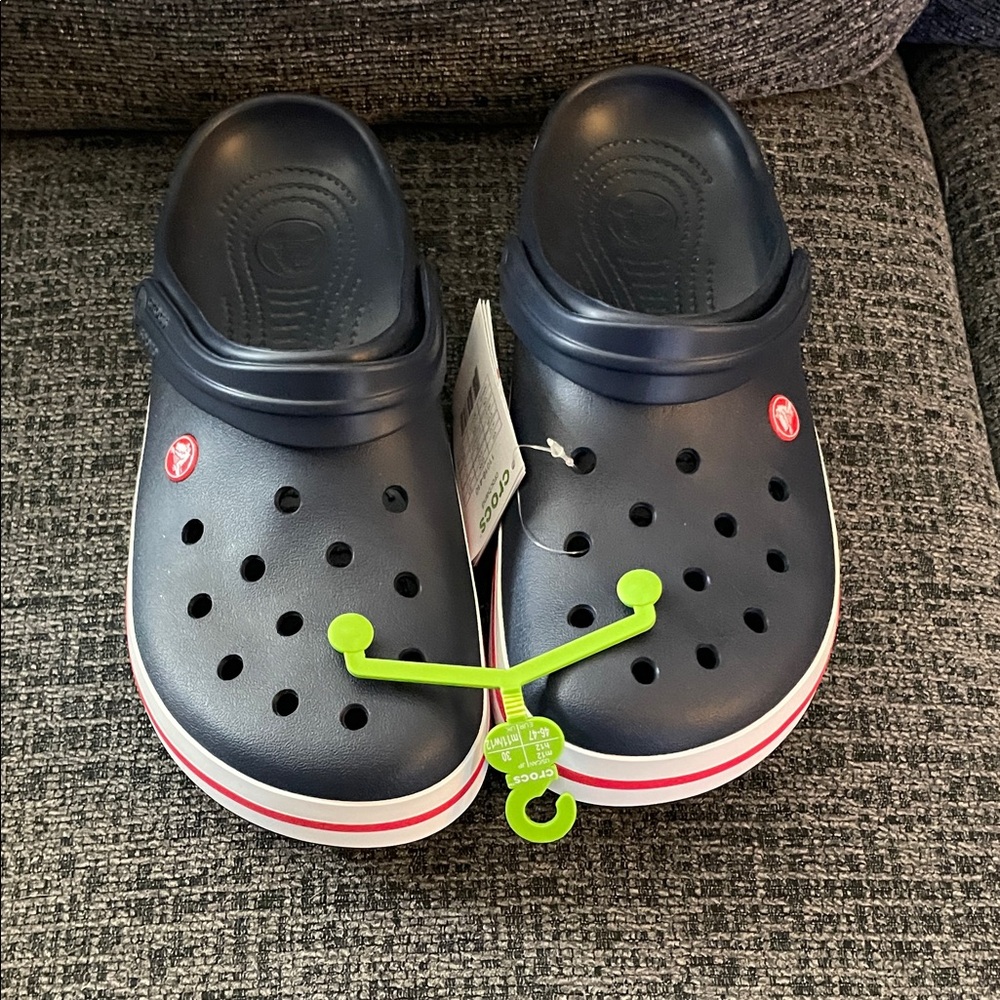 CROCS Navy Clogs with Red and White Trim